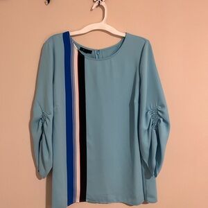 Alfani Womens Blue Striped Ruched Sleeve Blouse Top Plus Size 2X